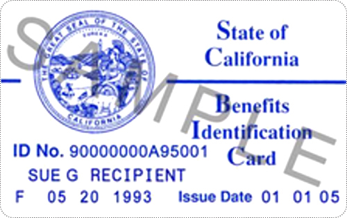 Medi-Cal State of California, Benefits Identification Card with ID No. 90000000A95001, SUE G RECEPIENT, F 05 20 1993, Issue Date 01 01 05, back side